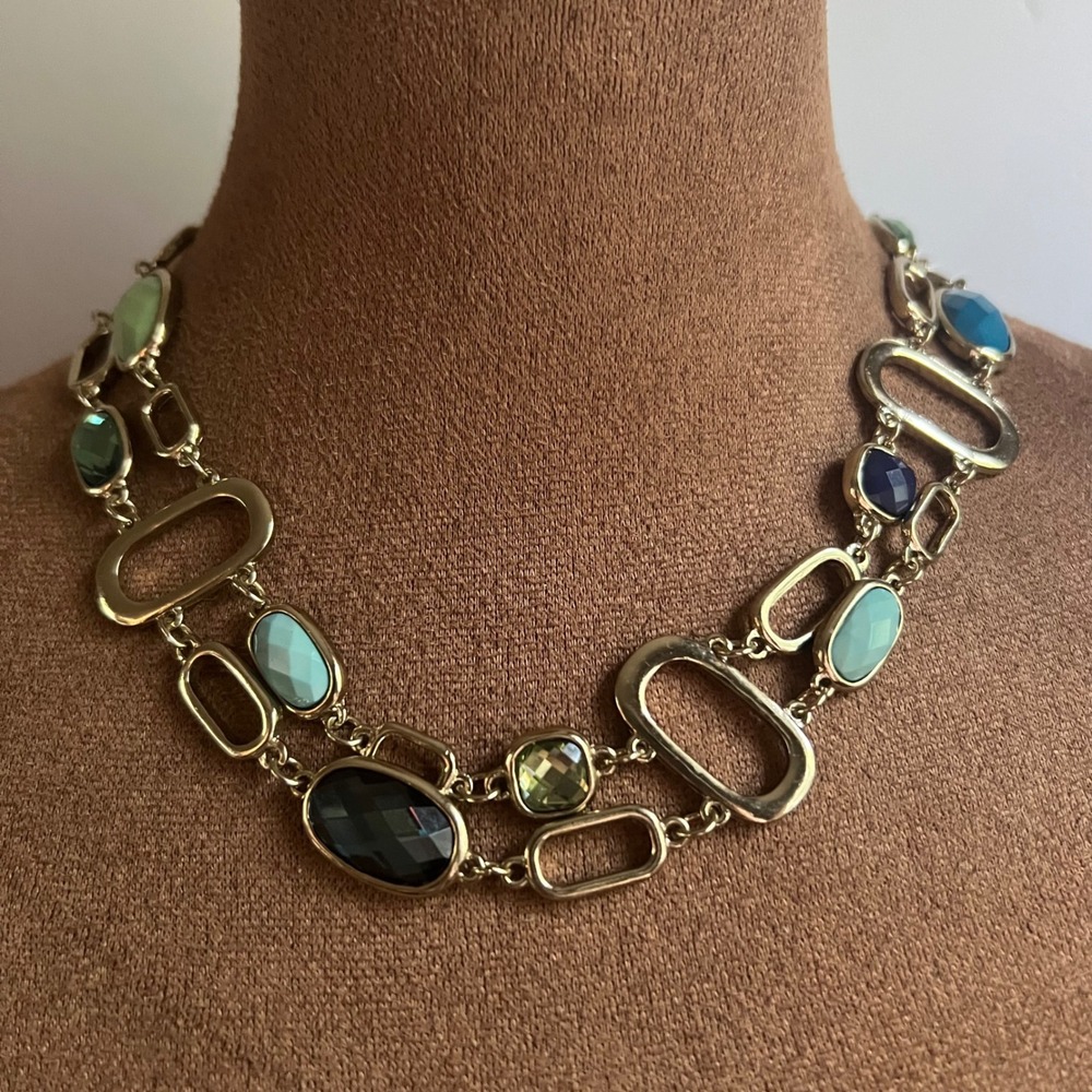 Periwinkle by Barlow Gold Tone Blue Green Statement Necklace 18-22" Eclectic